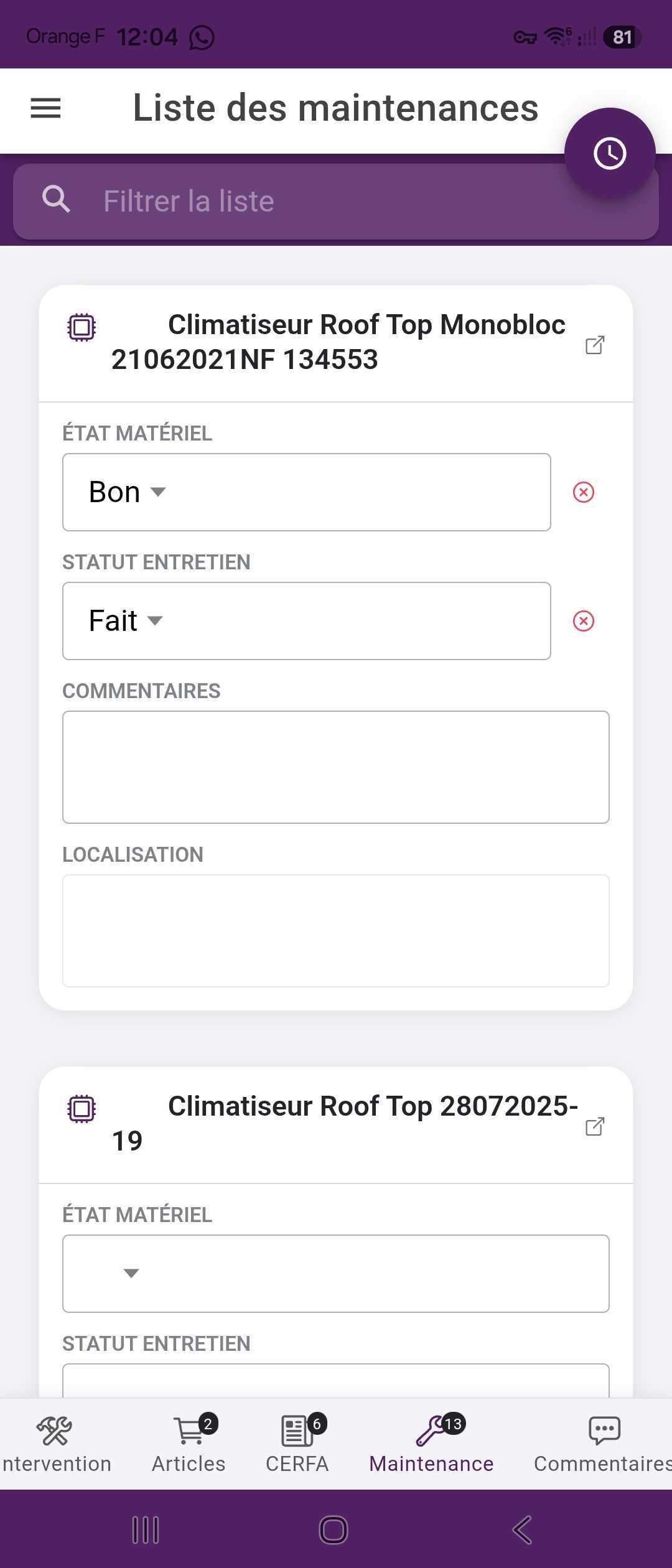 Fiche de contrat de maintenance affichée dans Clouddi Tech