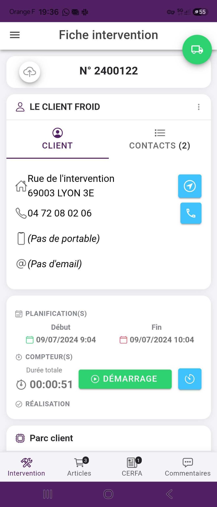Fiche d’intervention affichée dans l’application mobile Clouddi Tech