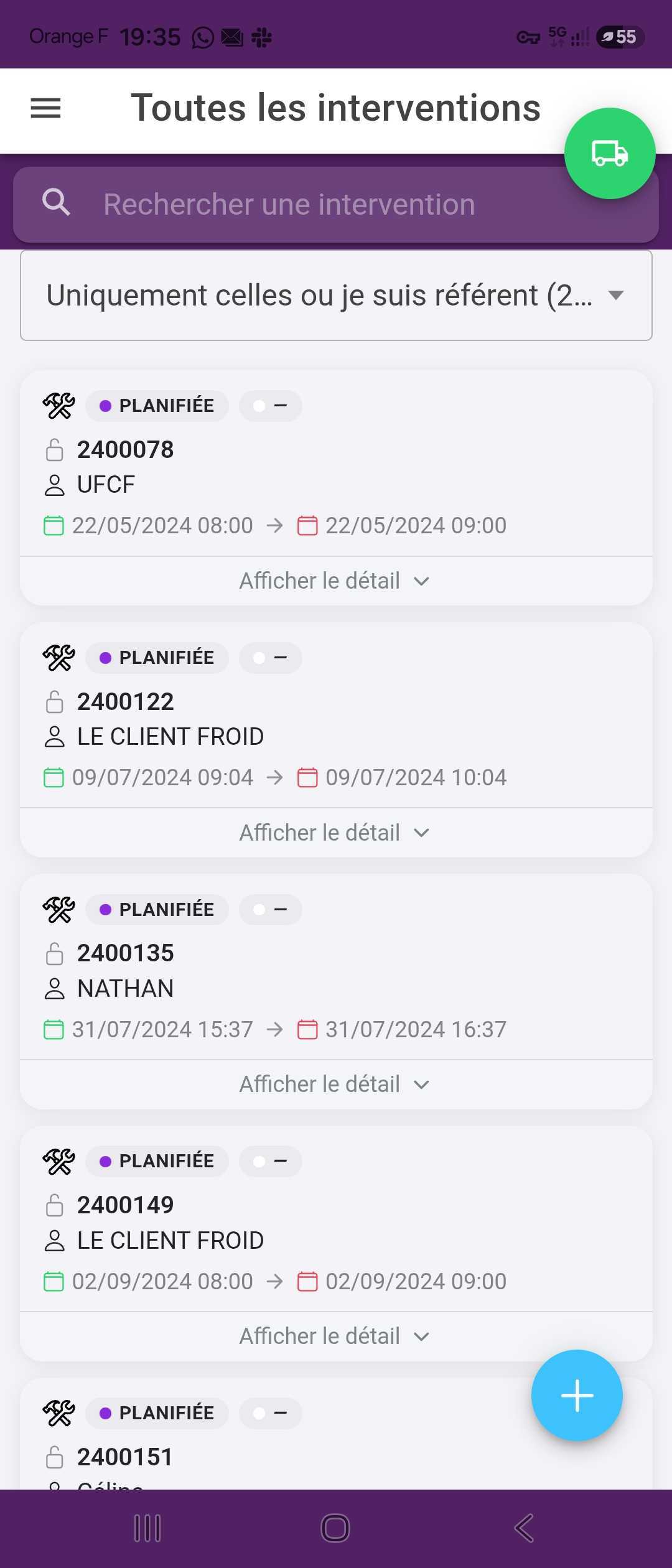 Liste des interventions dans l'application mobile Clouddi Tech