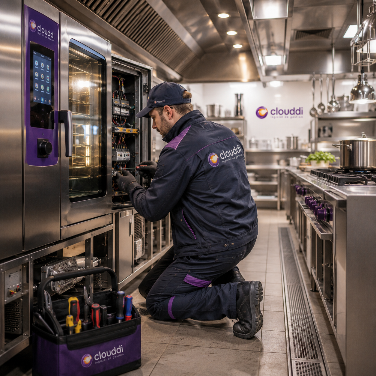 Professionnel assurant la maintenance d’un équipement de cuisine professionnelle