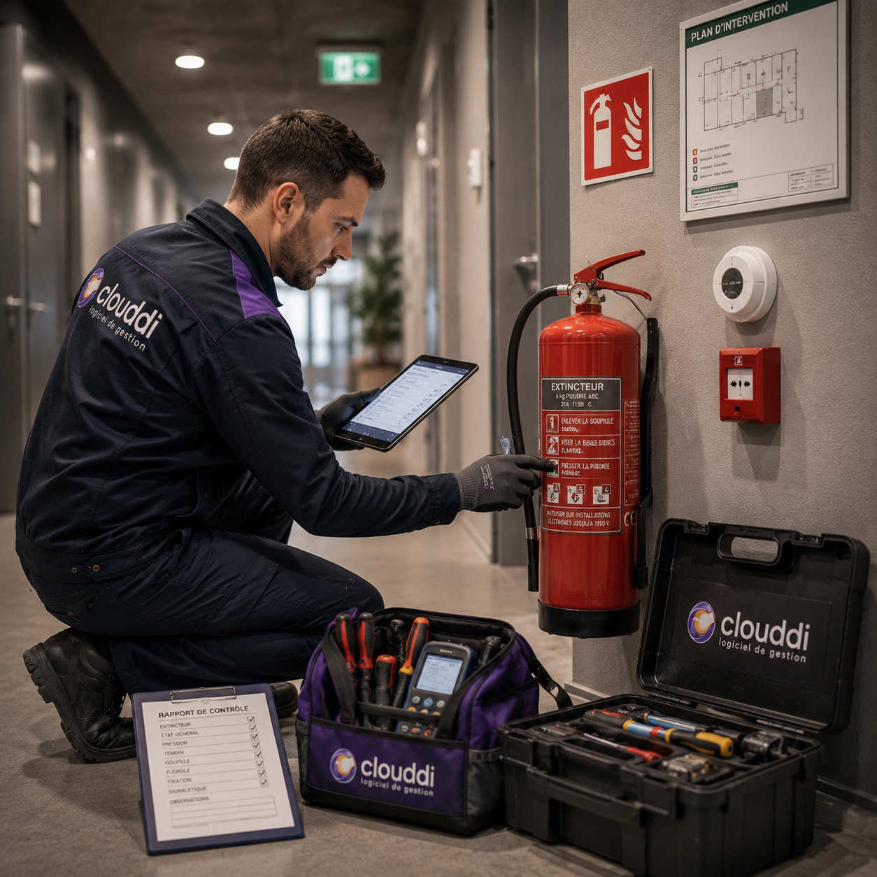 Technicien réalisant le contrôle d’un équipement de sécurité incendie